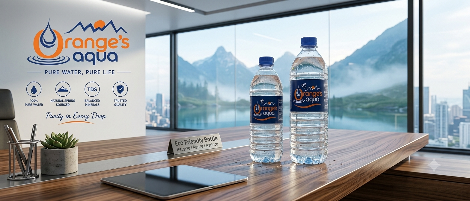 Orange's Aqua bottles on a boardroom table